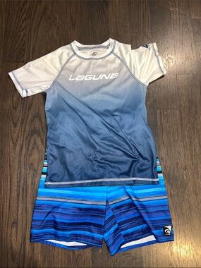 Boys' Laguna Blue Gradient Short Sleeve Rash Guard with Swim Short Set Size-M